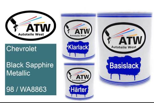 Chevrolet, Black Sapphire Metallic, 98 / WA8863: 1L Lackdose + 1L Klarlack + 500ml Härter - Set, von ATW Autoteile West.